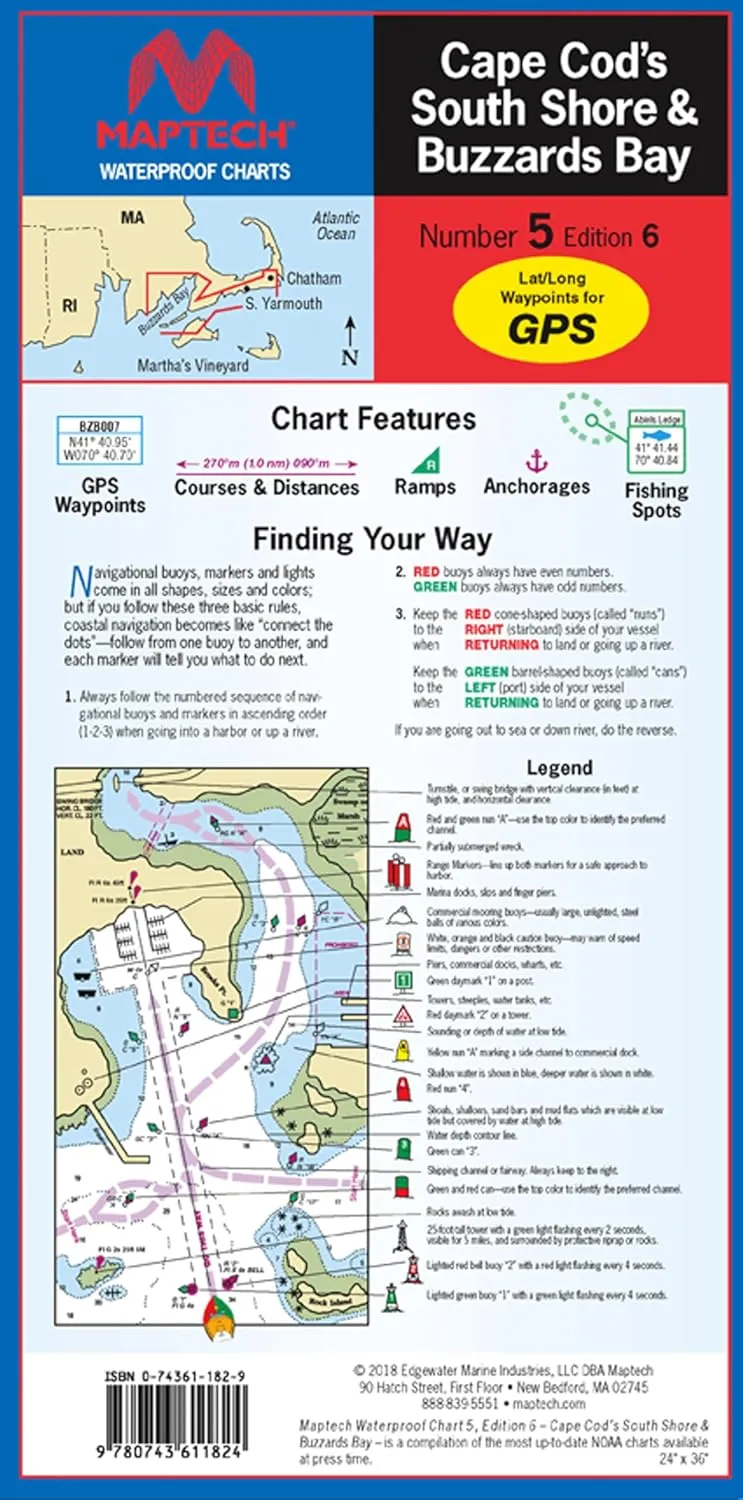 MAPTECH Waterproof Chart WPC005-06, Cape Cod's South Shore & Buzzards Bay, 6th Edition, 24 x 36 inches Open, 6 x 12 inches Folded, 1:53,333 and 1:57,140 Scale, GPS Waypoints, Wreck Sites, Ramp Locations