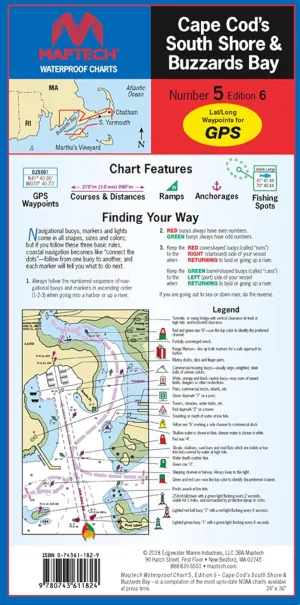 MAPTECH Waterproof Chart WPC005-06, Cape Cod's South Shore & Buzzards Bay, 6th Edition, 24 x 36 inches Open, 6 x 12 inches Folded, 1:53,333 and 1:57,140 Scale, GPS Waypoints, Wreck Sites, Ramp Locations