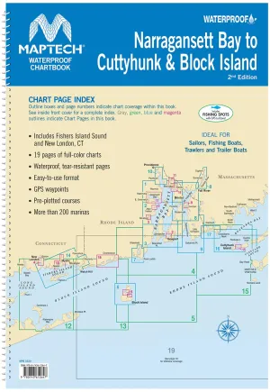 MAPTECH Waterproof Chartbook, Narragansett Bay to Cuttyhunk, 19 Full-Color, Tear-Resistant Chart Pages, 12 x 17 Inches, Spiral Bound, GPS Waypoints, Pre-Plotted Courses, Over 200 Marinas Spiral-bound – Print, January 1, 2024