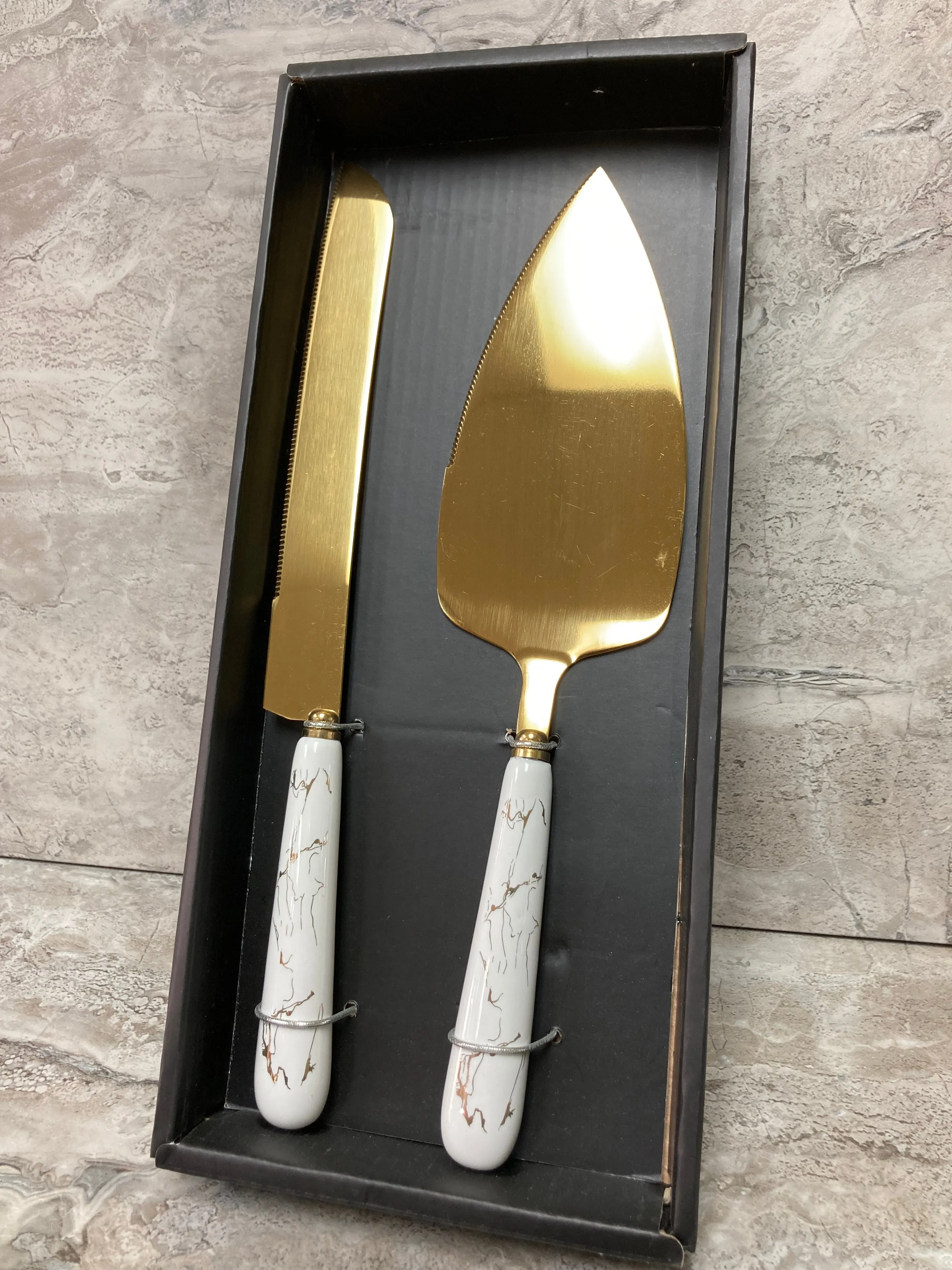 Marble Pattern Cake Knife and Shovel Serving Set , Elegant Gold Color Stainless Steel with Ceramic Handle