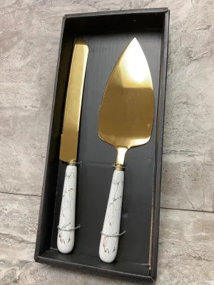Marble Pattern Cake Knife and Shovel Serving Set , Elegant Gold Color Stainless Steel with Ceramic Handle
