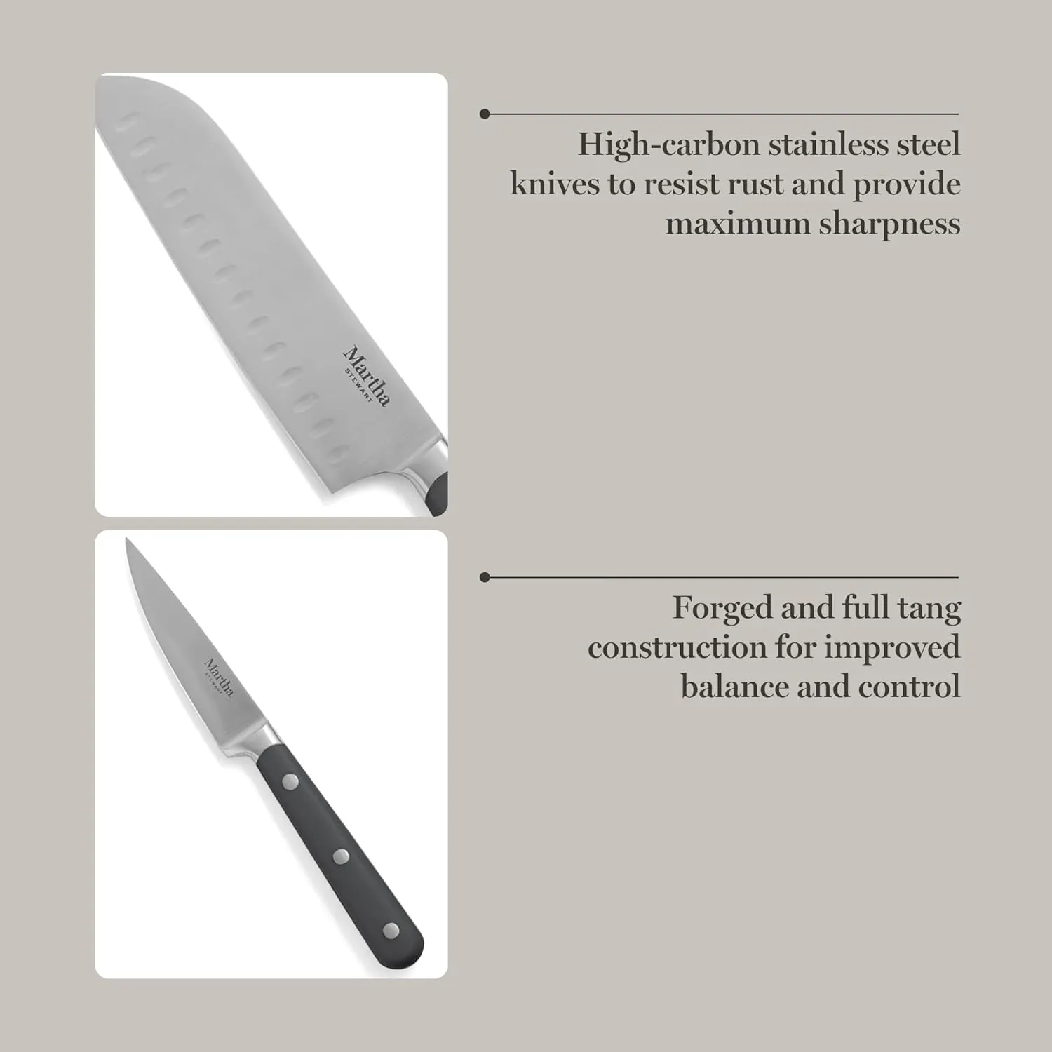MARTHA STEWART Eastwalk 14 Piece High Carbon Stainless Steel Cutlery Knife Block Set w/ABS Triple Riveted Forged Handle Acacia Wood Block - Gray