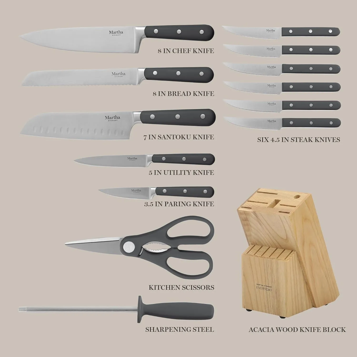 MARTHA STEWART Eastwalk 14 Piece High Carbon Stainless Steel Cutlery Knife Block Set w/ABS Triple Riveted Forged Handle Acacia Wood Block - Gray