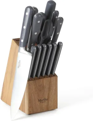 MARTHA STEWART Eastwalk 14 Piece High Carbon Stainless Steel Cutlery Knife Block Set w/ABS Triple Riveted Forged Handle Acacia Wood Block - Gray