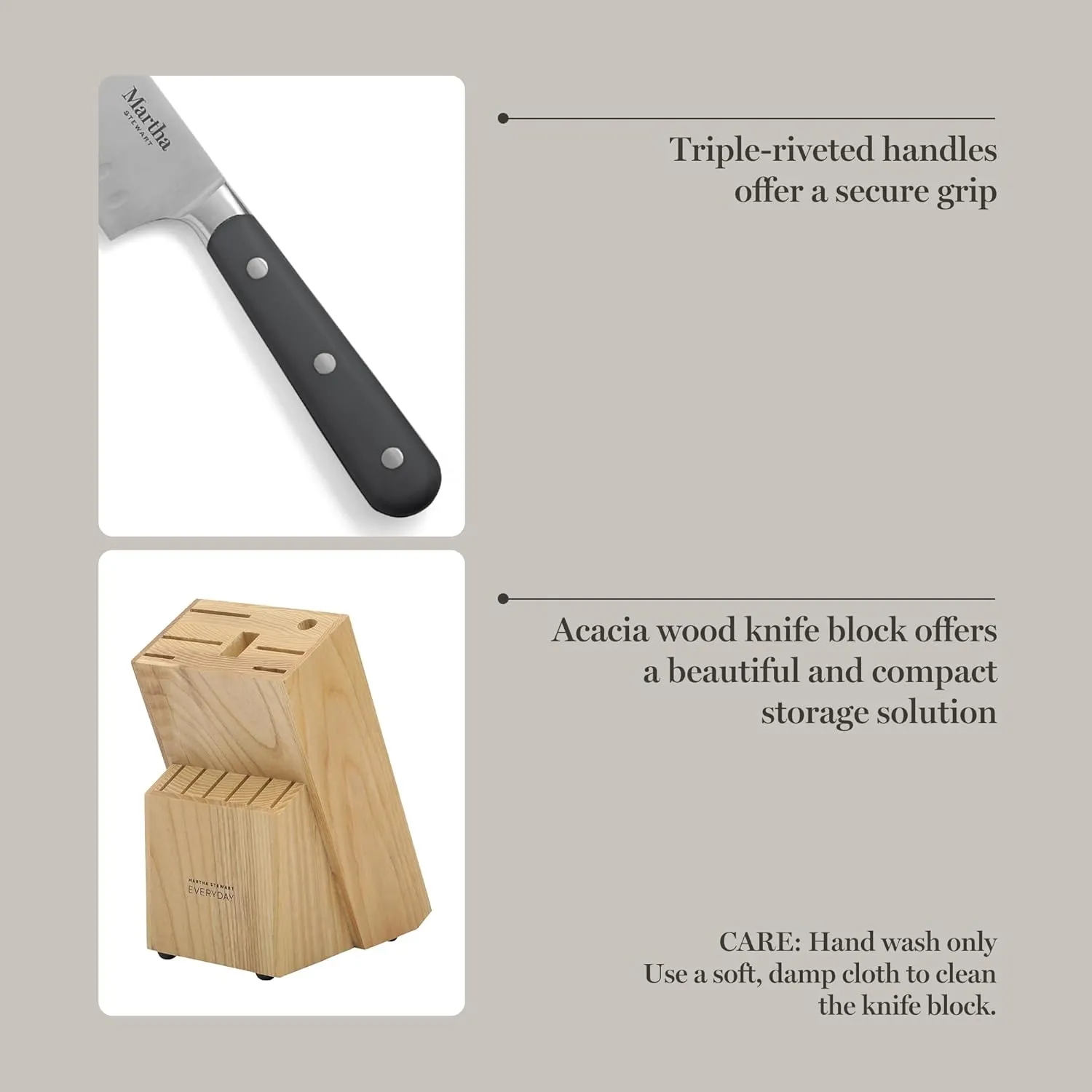 MARTHA STEWART Eastwalk 14 Piece High Carbon Stainless Steel Cutlery Knife Block Set w/ABS Triple Riveted Forged Handle Acacia Wood Block - Gray