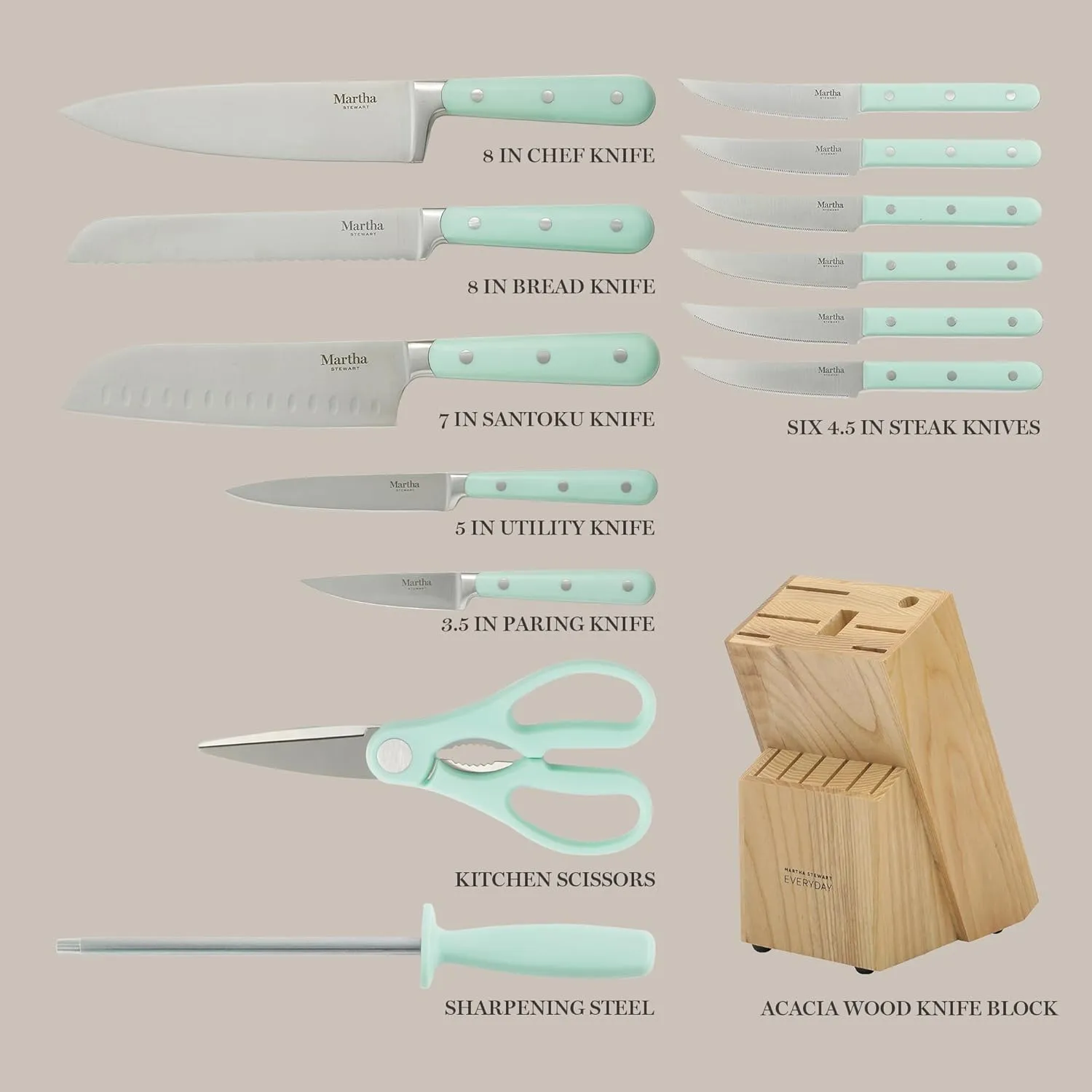 MARTHA STEWART Eastwalk 14 Piece High Carbon Stainless Steel Cutlery Knife Block Set w/ABS Triple Riveted Forged Handle Acacia Wood Block - Martha Blue