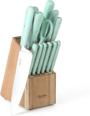 MARTHA STEWART Eastwalk 14 Piece High Carbon Stainless Steel Cutlery Knife Block Set w/ABS Triple Riveted Forged Handle Acacia Wood Block - Martha Blue