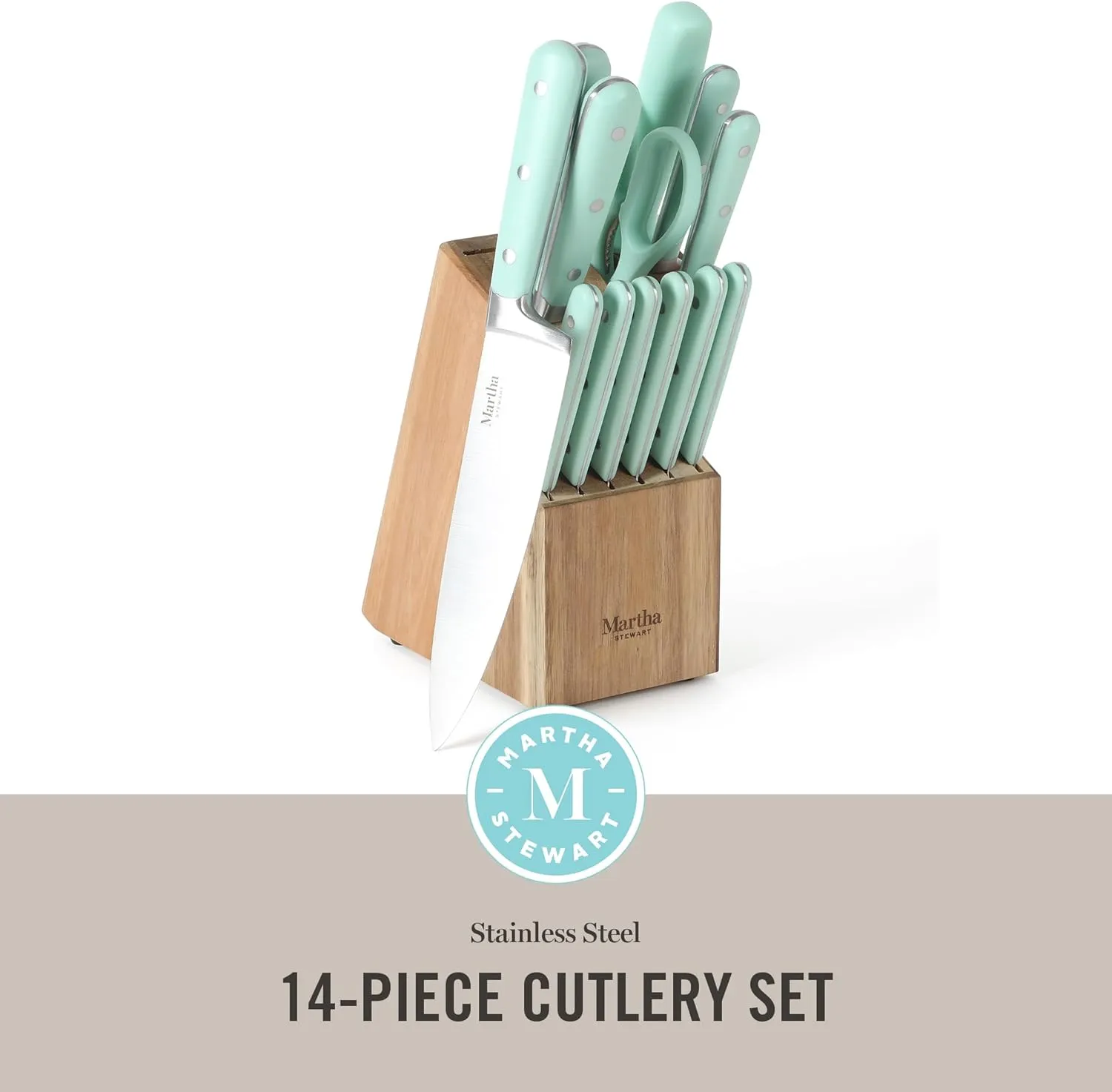 MARTHA STEWART Eastwalk 14 Piece High Carbon Stainless Steel Cutlery Knife Block Set w/ABS Triple Riveted Forged Handle Acacia Wood Block - Martha Blue