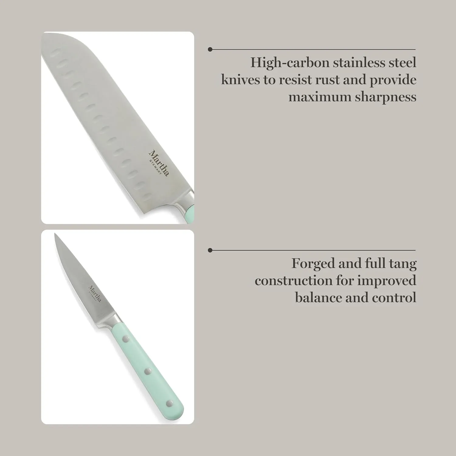 MARTHA STEWART Eastwalk 14 Piece High Carbon Stainless Steel Cutlery Knife Block Set w/ABS Triple Riveted Forged Handle Acacia Wood Block - Martha Blue