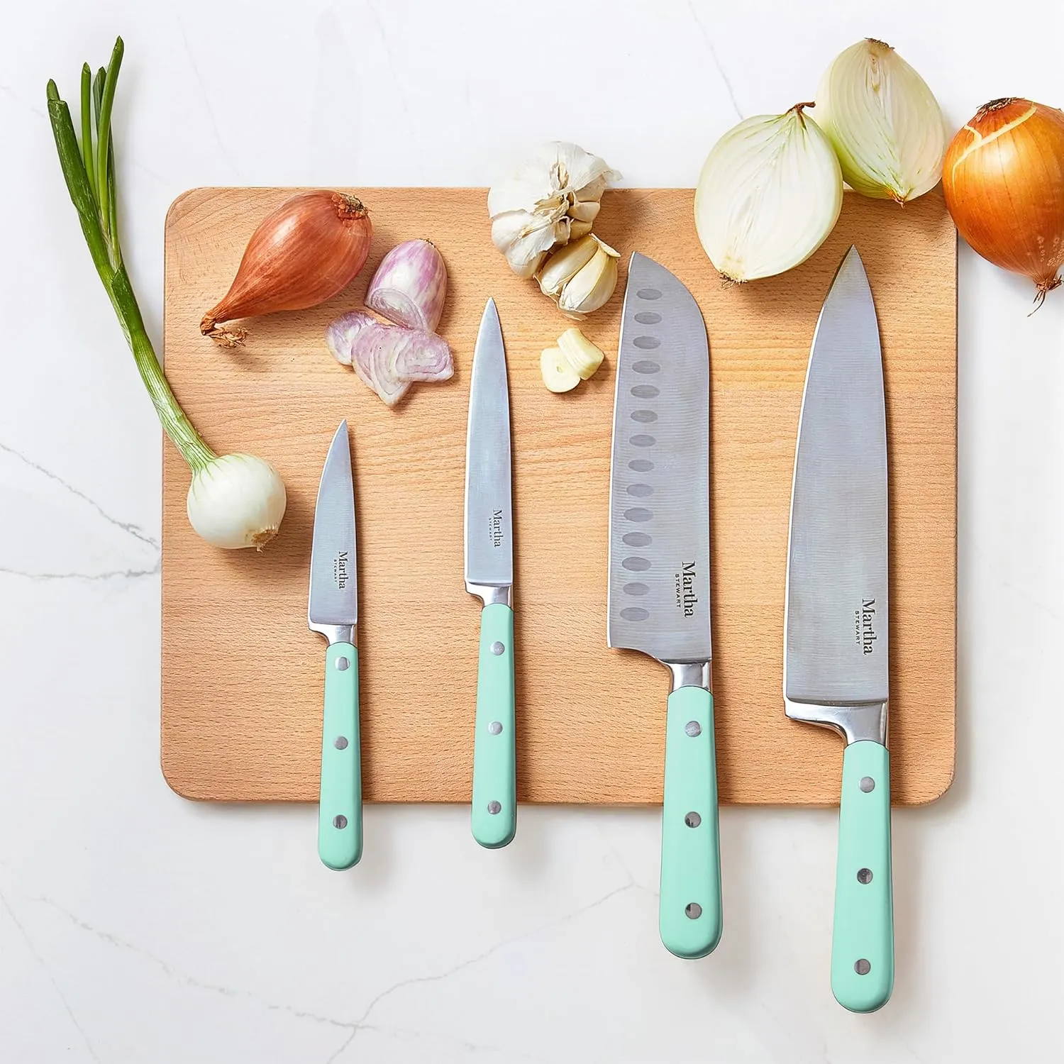 MARTHA STEWART Eastwalk 14 Piece High Carbon Stainless Steel Cutlery Knife Block Set w/ABS Triple Riveted Forged Handle Acacia Wood Block - Martha Blue