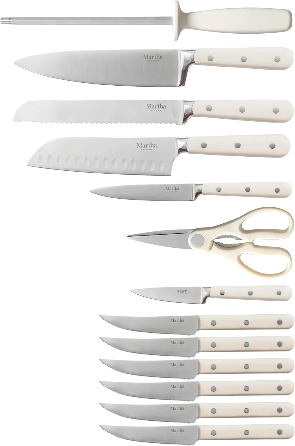 Martha Stewart Ruxton 14 Piece High Carbon Stainless Steel Cutlery Knife Block Set w/ABS Triple Riveted Forged Handle Ashwood Block - Linen