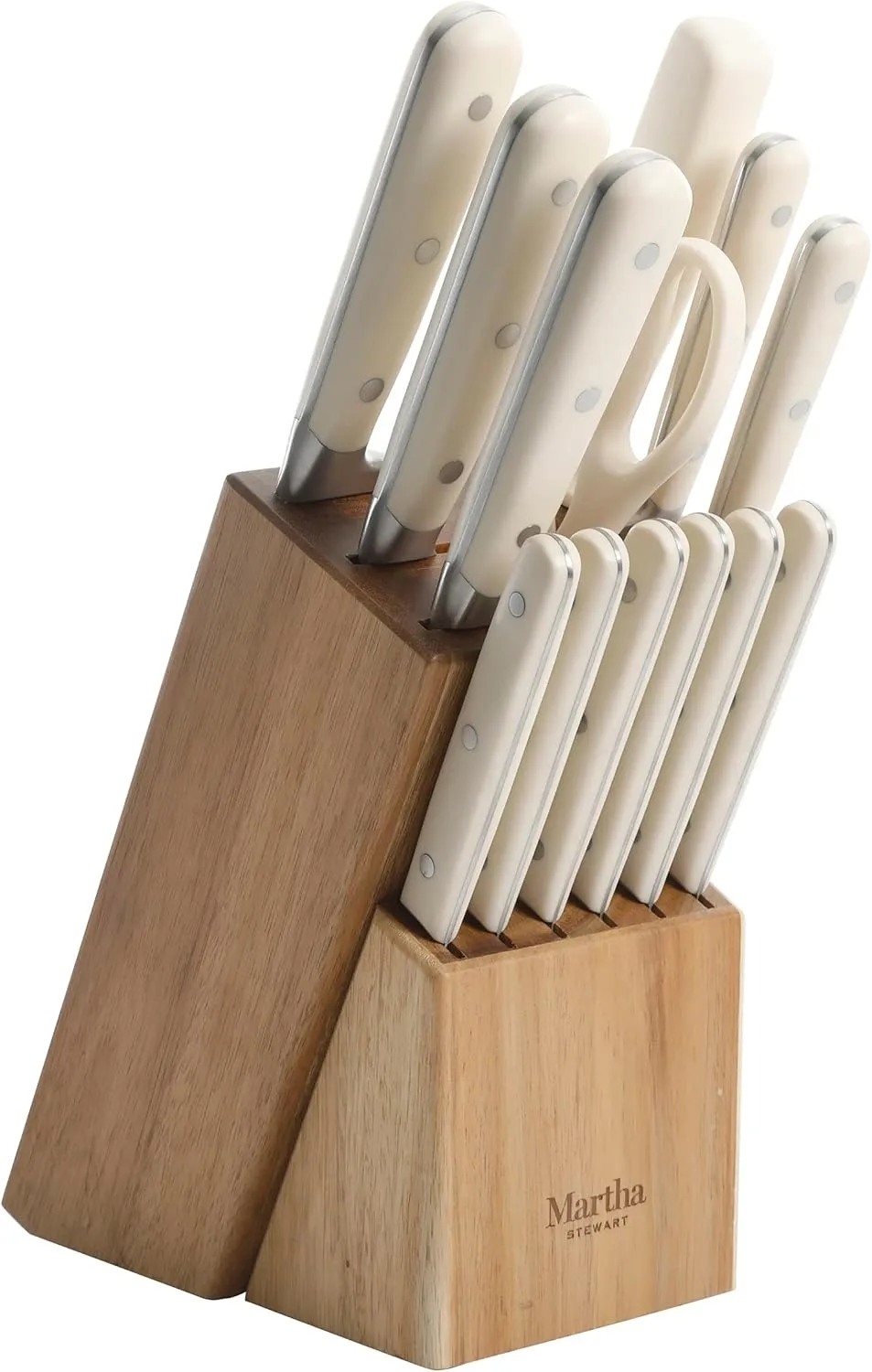 Martha Stewart Ruxton 14 Piece High Carbon Stainless Steel Cutlery Knife Block Set w/ABS Triple Riveted Forged Handle Ashwood Block - Linen