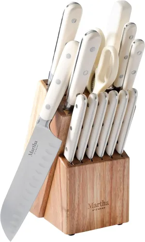 Martha Stewart Ruxton 14 Piece High Carbon Stainless Steel Cutlery Knife Block Set w/ABS Triple Riveted Forged Handle Ashwood Block - Linen