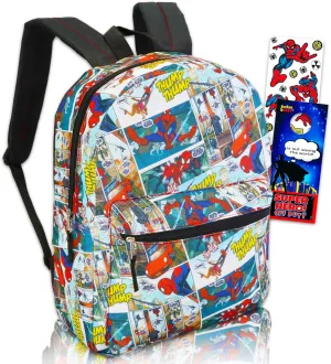Marvel Spiderman Backpack for Boys Girls Kids - 2 Pc Bundle With 16" Marvel Comics Spiderman School Backpack Bag with Stickers (Spiderman School Supplies)