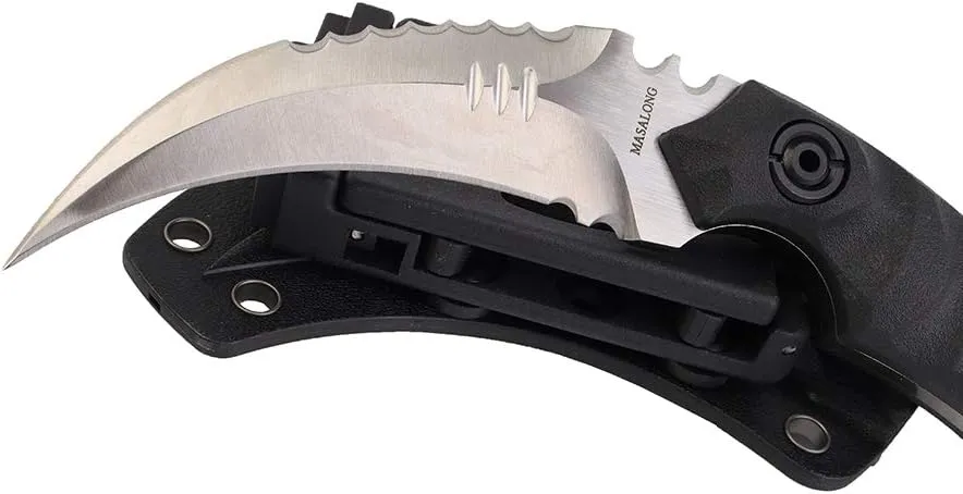 MASALONG Outdoor Survival claw Tactical teeth Knife Double edged sharp Fixed Blade Knife With Sheath (5CR Sand light Black handle)