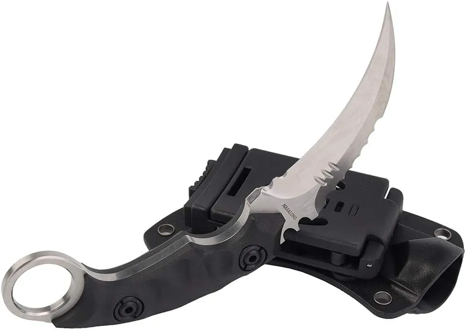 MASALONG Outdoor Survival claw Tactical teeth Knife Double edged sharp Fixed Blade Knife With Sheath (5CR Sand light Black handle)