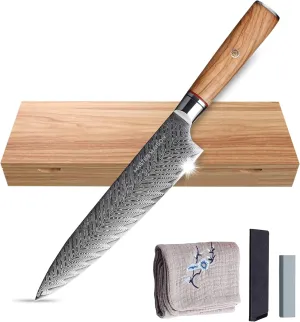 Master Maison Authentic 8" Chef Knife Damascus Steel with Full-Tang Wood Handle, Sheath, Sharpening Stone, Storage Box, & Drying Cloth | AUS-10 Japanese Ultra Sharp Stainless Steel Chef's Knife Set
