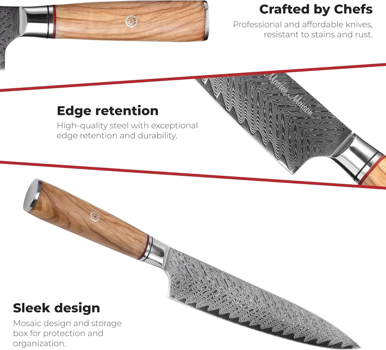 Master Maison Authentic 8" Chef Knife Damascus Steel with Full-Tang Wood Handle, Sheath, Sharpening Stone, Storage Box, & Drying Cloth | AUS-10 Japanese Ultra Sharp Stainless Steel Chef's Knife Set
