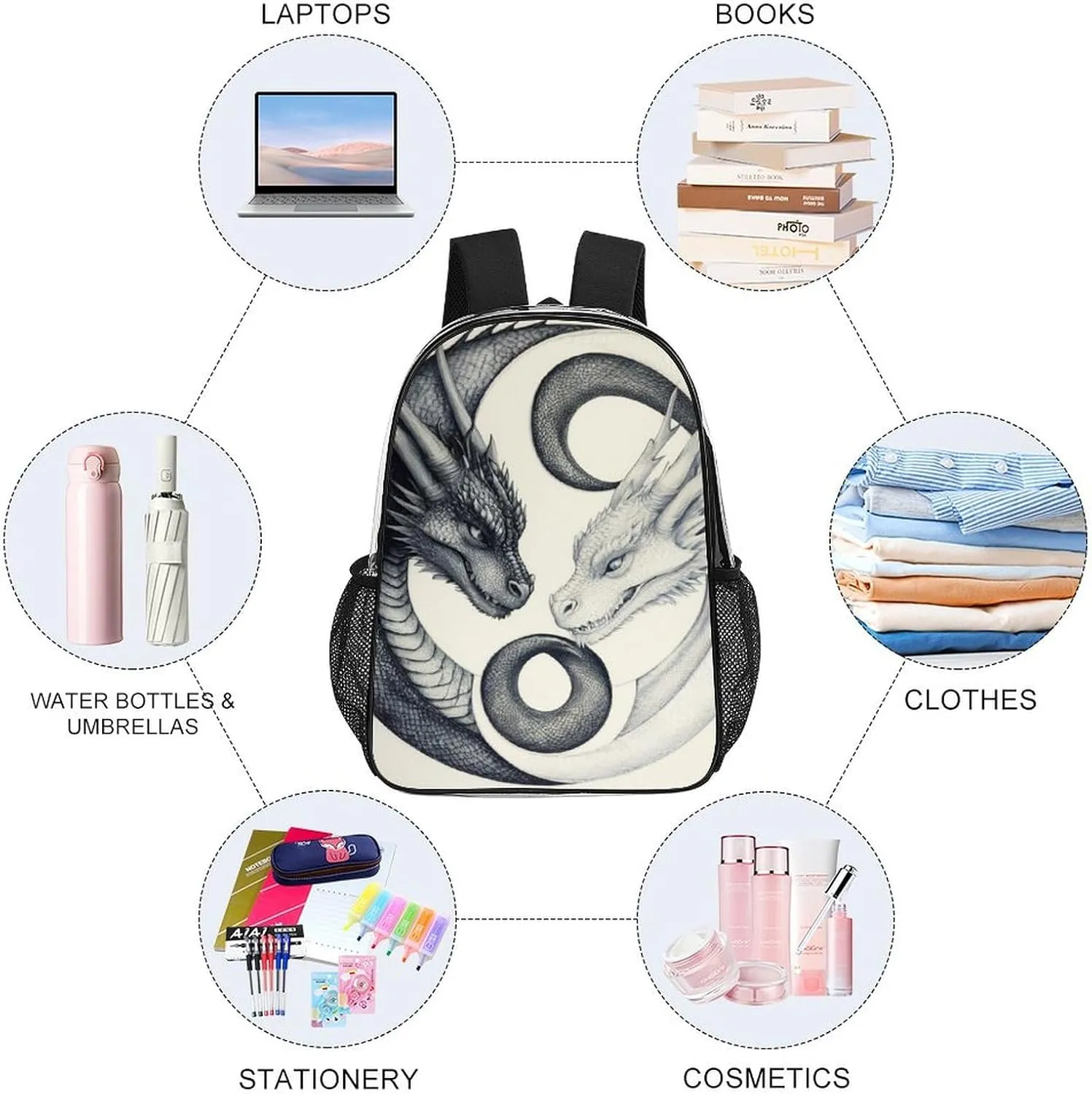 Men Women Transparent Dragon Yin Yang Daypack Bookbag Big Capacity Shoulder Bag With Padded Straps for Climbing Travel Walking Cycling