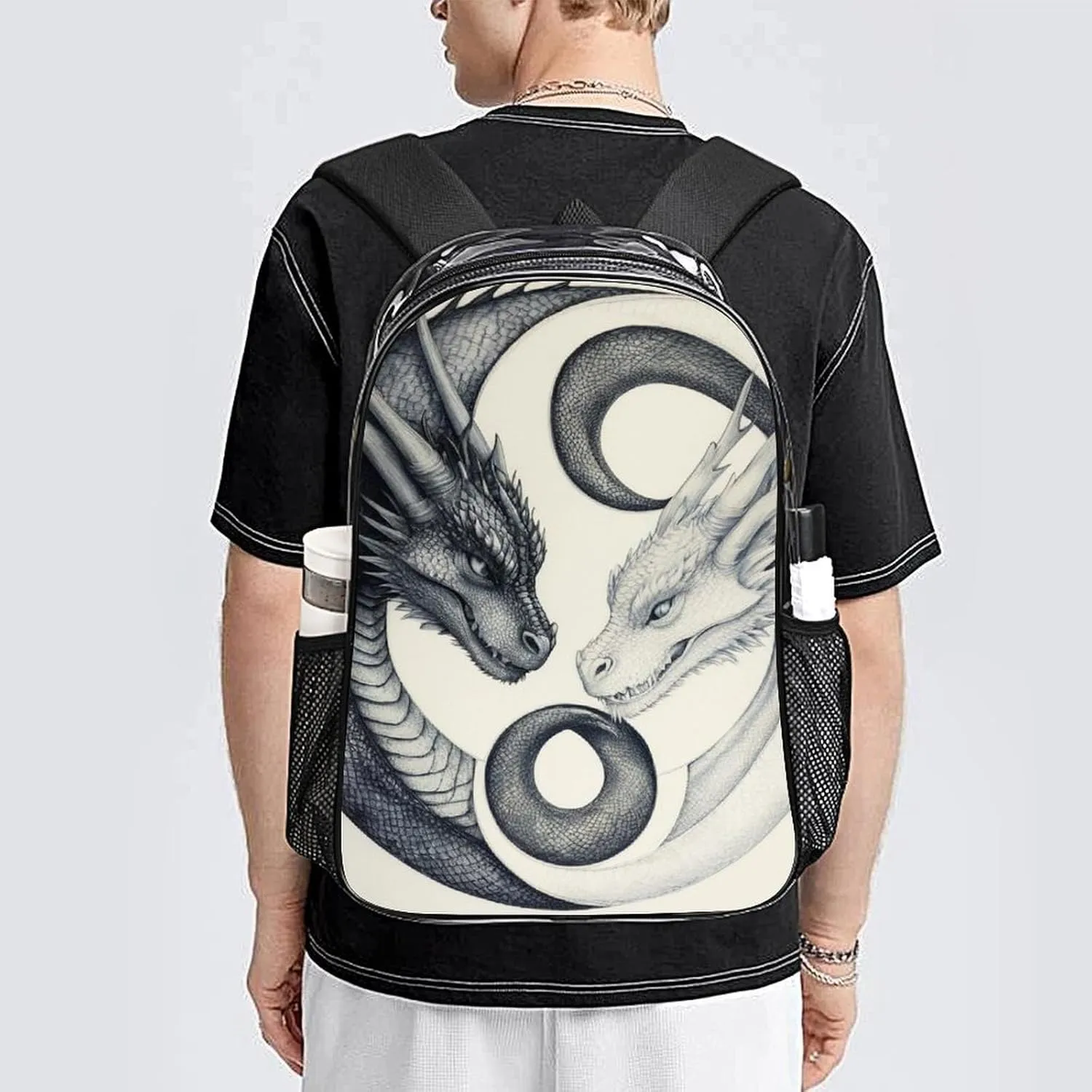 Men Women Transparent Dragon Yin Yang Daypack Bookbag Big Capacity Shoulder Bag With Padded Straps for Climbing Travel Walking Cycling