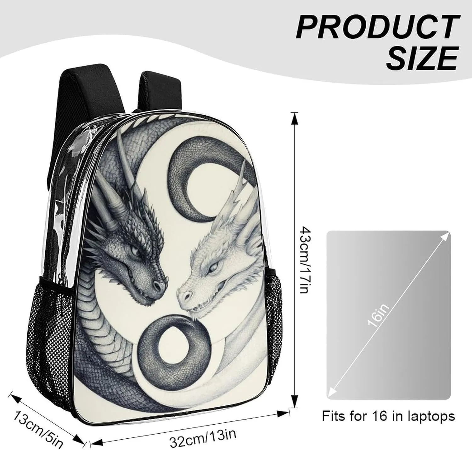 Men Women Transparent Dragon Yin Yang Daypack Bookbag Big Capacity Shoulder Bag With Padded Straps for Climbing Travel Walking Cycling