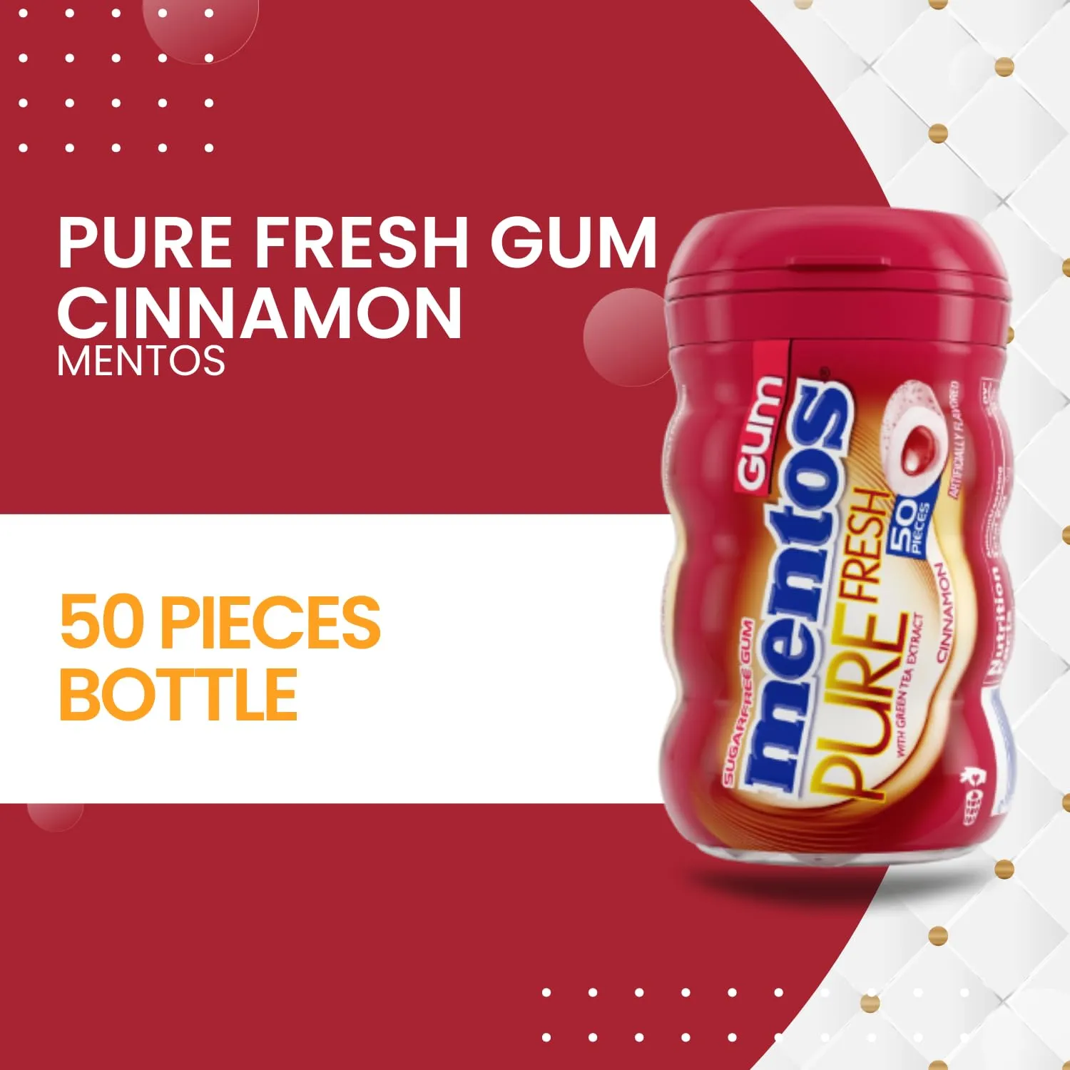 Mentos Pure Fresh Sugar Free Chewing Gum with Xylitol, Cinnamon, Bulk, 50 Piece Bottle (Pack of 3)