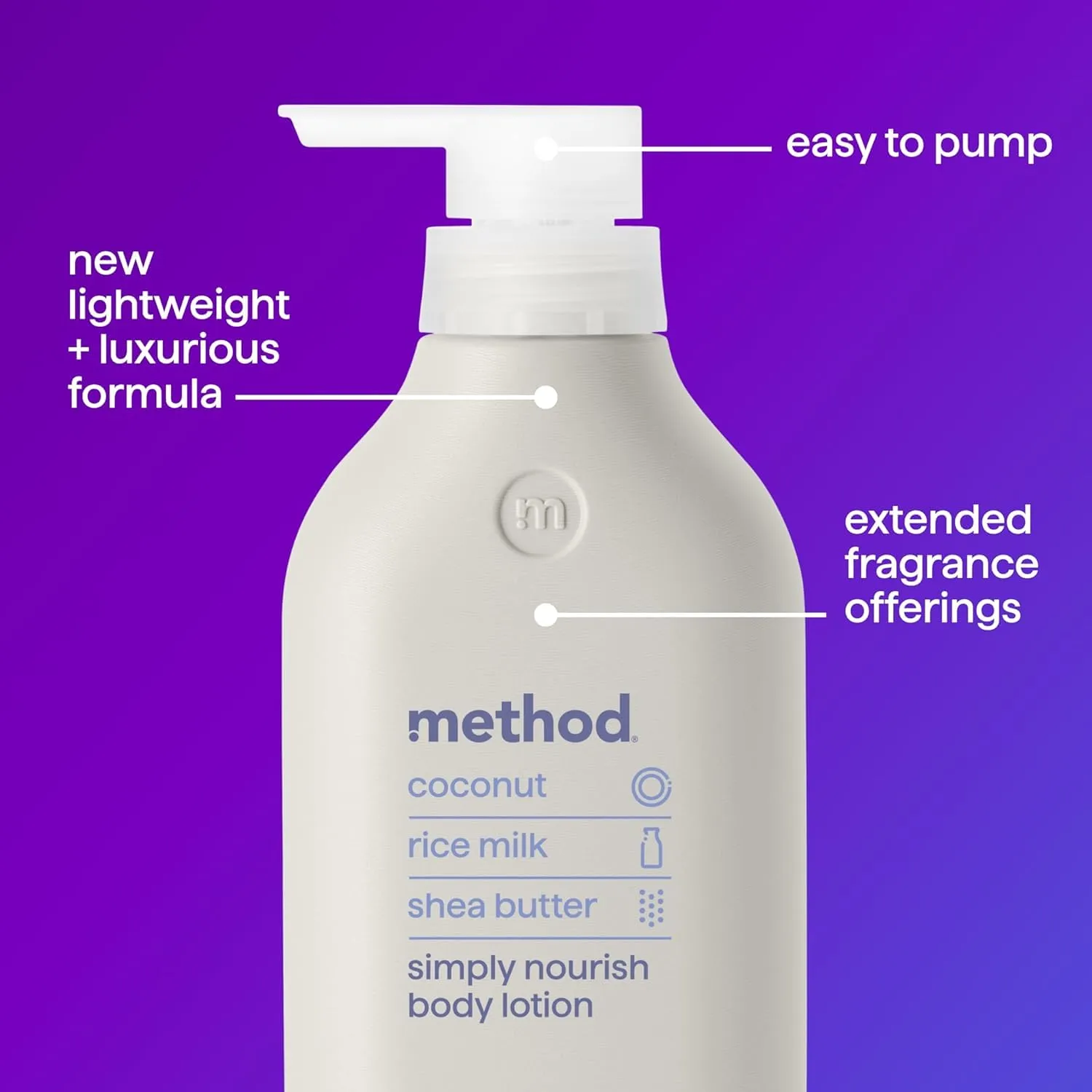 Method Body Lotion, Simply Nourish, Coconut, Rice Milk   Shea Butter notes, 24 Hours of Moisture 14 oz