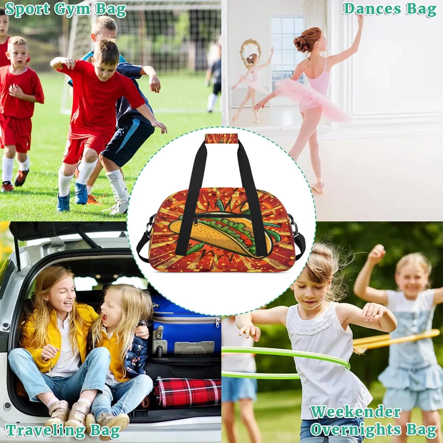 Mexican Taco Food Gym Bag for Women Men, Sports Travel Duffel Bag Lightweight Workout Bag Carry On Overnight Weekender Bag