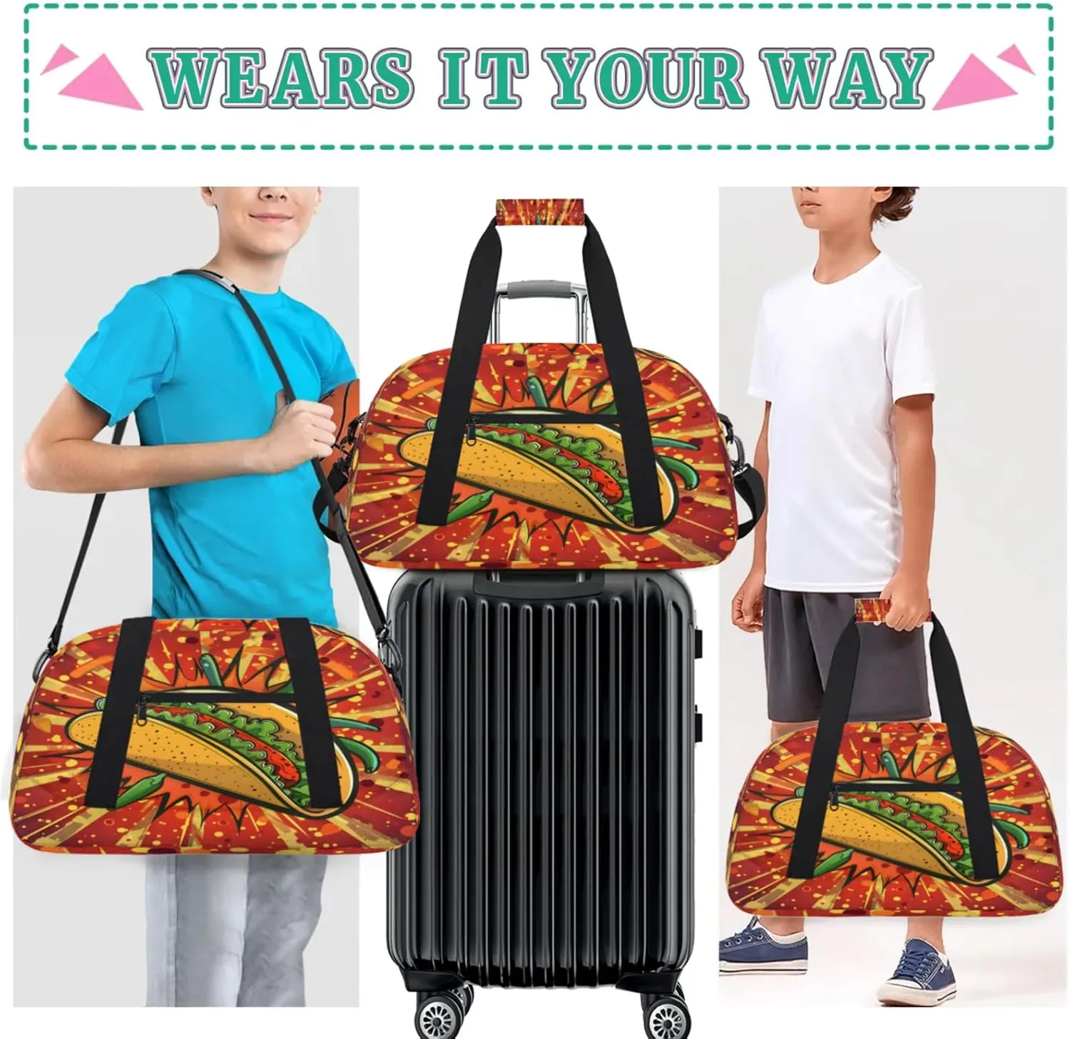 Mexican Taco Food Gym Bag for Women Men, Sports Travel Duffel Bag Lightweight Workout Bag Carry On Overnight Weekender Bag