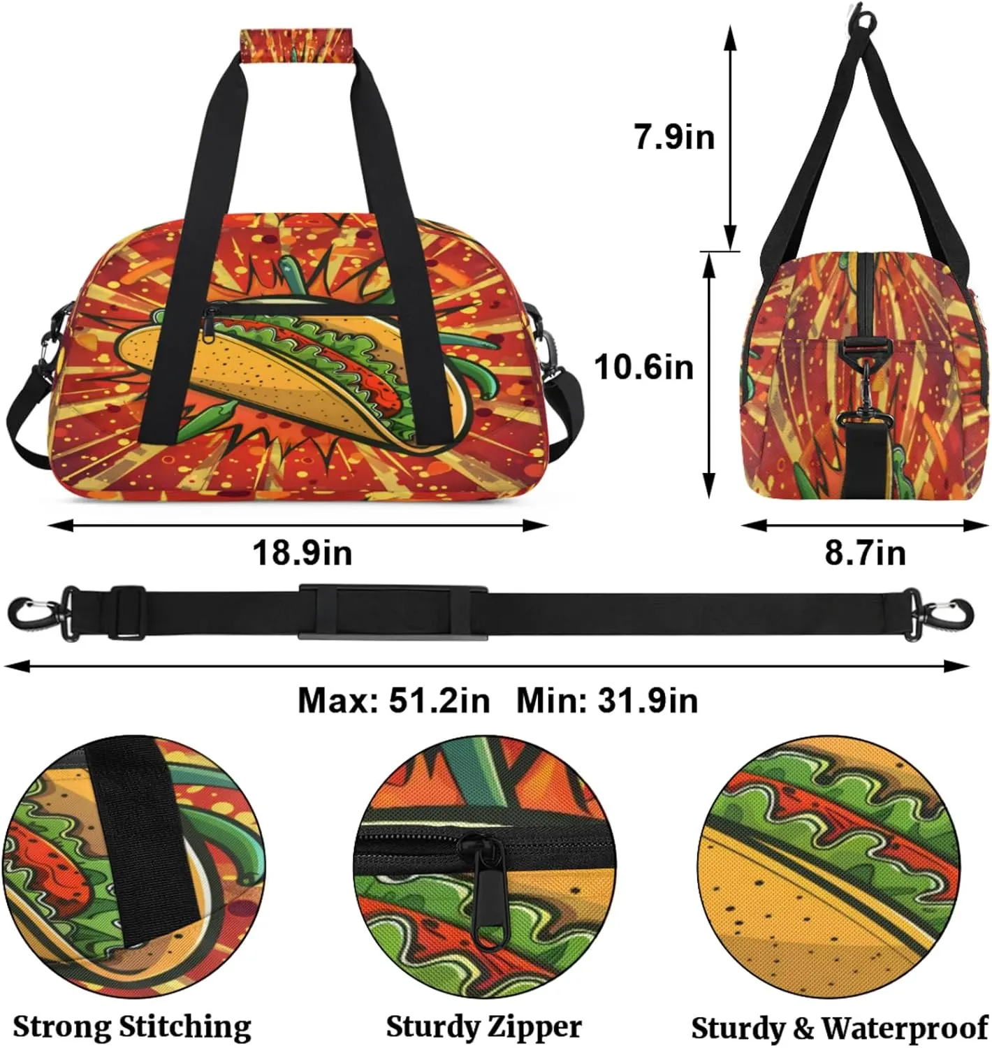 Mexican Taco Food Gym Bag for Women Men, Sports Travel Duffel Bag Lightweight Workout Bag Carry On Overnight Weekender Bag