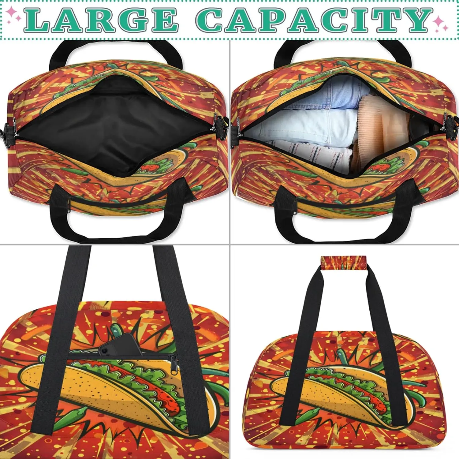 Mexican Taco Food Gym Bag for Women Men, Sports Travel Duffel Bag Lightweight Workout Bag Carry On Overnight Weekender Bag