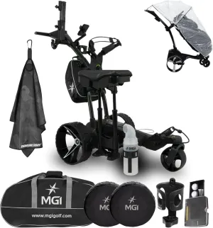 MGI Ai 500 GPS Electric Assisted Golf Push Cart Ultimate Accessory Bundle | Zip Fold Caddy, 40,000 Courses Worldwide, Plays 36 Holes, Bluetooth Smart Notifications | Signature Series Golf Towel