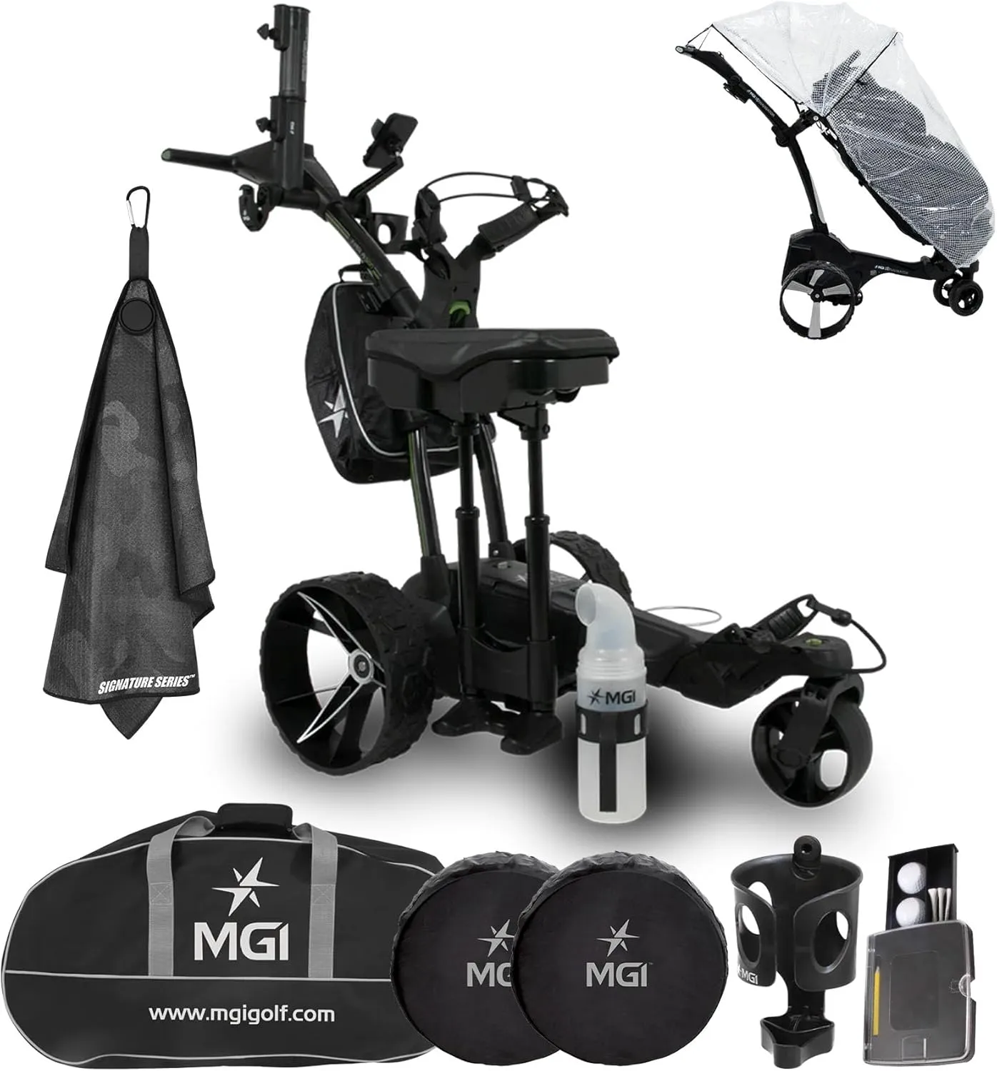 MGI Ai 500 GPS Electric Assisted Golf Push Cart Ultimate Accessory Bundle | Zip Fold Caddy, 40,000 Courses Worldwide, Plays 36 Holes, Bluetooth Smart Notifications | Signature Series Golf Towel