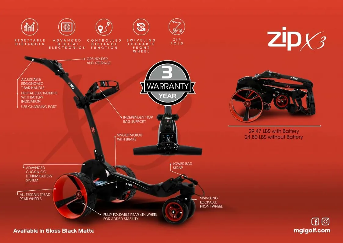 MGI Zip X3 Electric Golf Cart - 36 Hole Battery - (Drink, Umbrella, & GPS Phone)