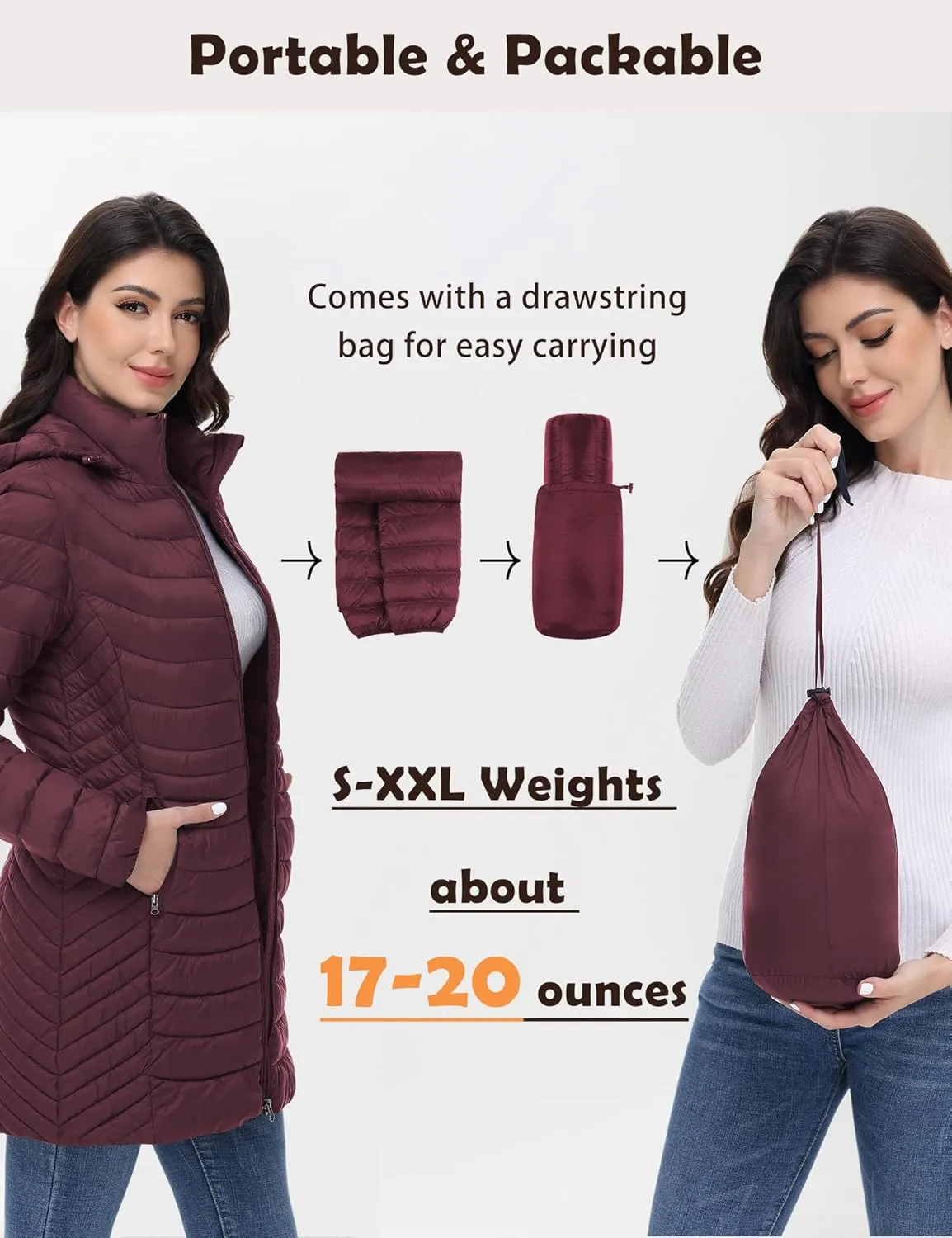 MIDNIGHTSUN Women’s Packable Puffer Jacket Lightweight Puffer Coat Mid-length Hooded Warm Winter Puffy Jacket