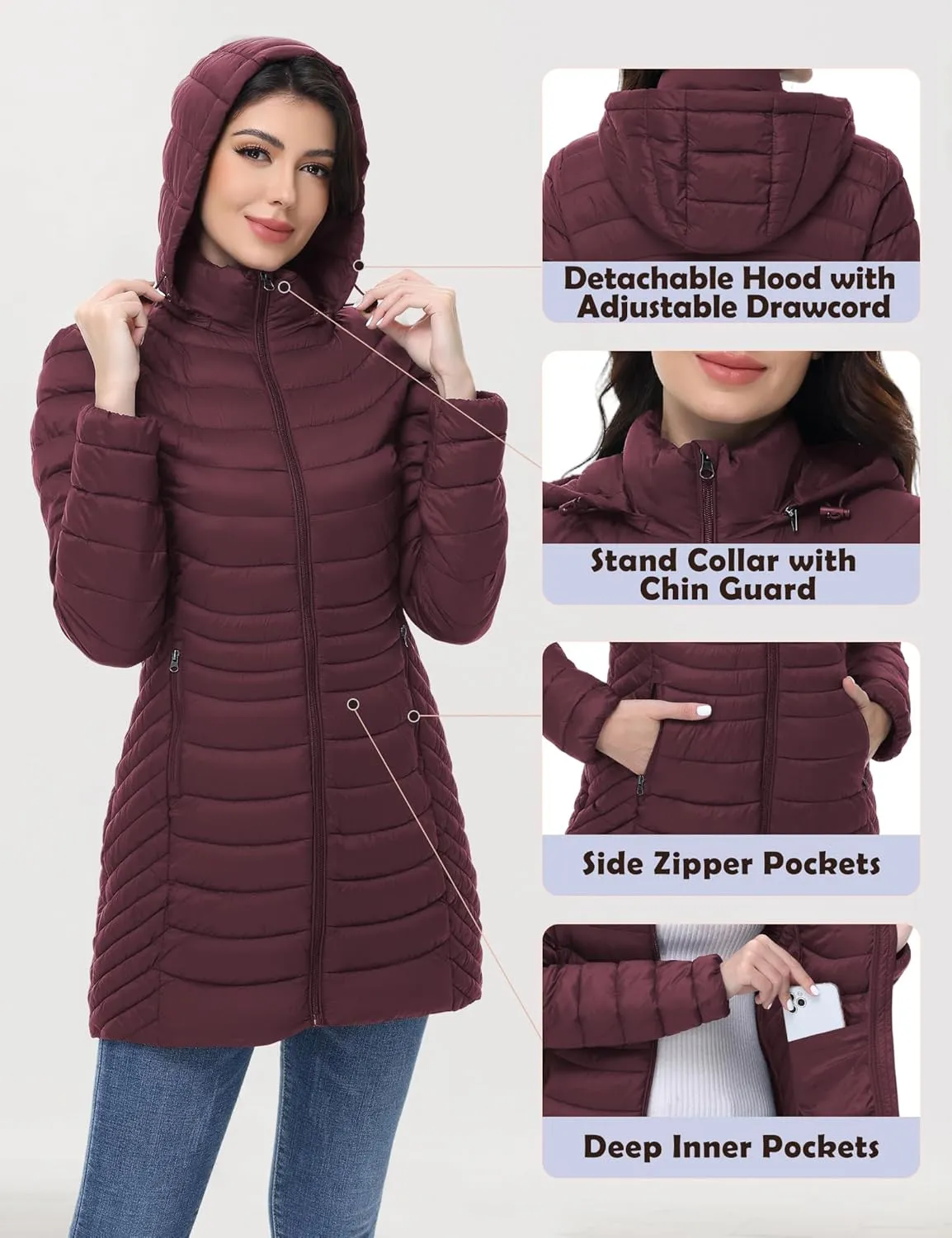 MIDNIGHTSUN Women’s Packable Puffer Jacket Lightweight Puffer Coat Mid-length Hooded Warm Winter Puffy Jacket