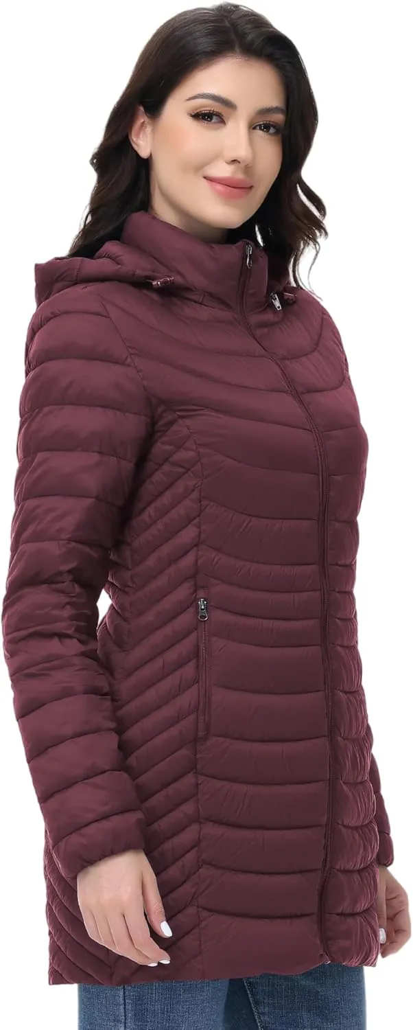 MIDNIGHTSUN Women’s Packable Puffer Jacket Lightweight Puffer Coat Mid-length Hooded Warm Winter Puffy Jacket
