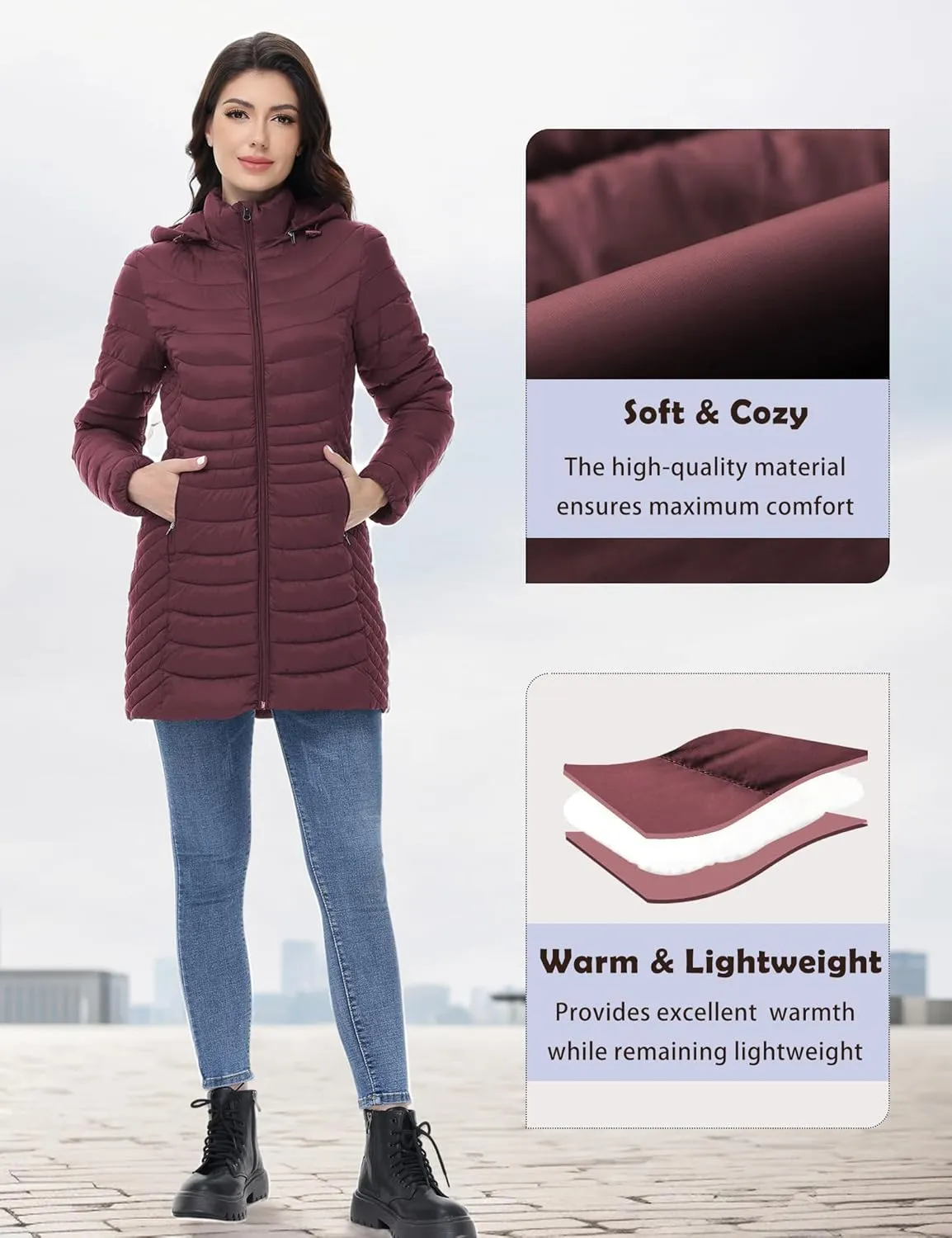 MIDNIGHTSUN Women’s Packable Puffer Jacket Lightweight Puffer Coat Mid-length Hooded Warm Winter Puffy Jacket