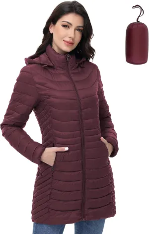 MIDNIGHTSUN Women’s Packable Puffer Jacket Lightweight Puffer Coat Mid-length Hooded Warm Winter Puffy Jacket
