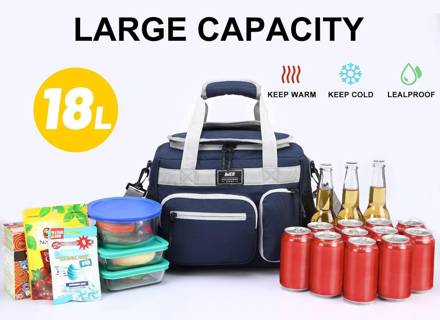 MIER Large Lunch Box for Men Women Adult Insulated Soft Sided Cooler 30 Can Leakproof Lunch Bag Collapsible for Work Travel Camping Beach, 18L (Blue-No Luggage Strap)