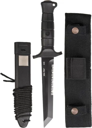 Mil-Tec Black KM2000 Special Forces Fixed Blade Combat Knife | 6.5" 440 Steel Robust Tanto Blade with Partial Serrated Edge | Ergonomic Hilt with Safety Belt Eyelet and Glass Breaker on End of Hilt
