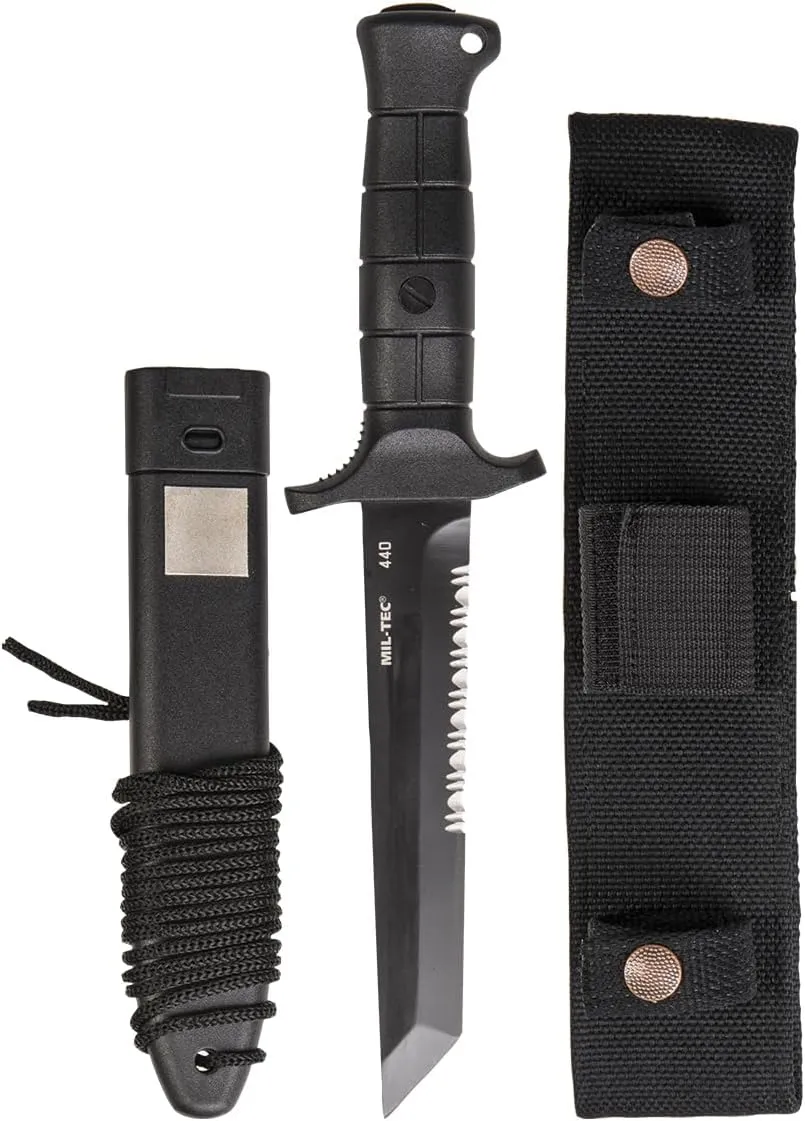 Mil-Tec Black KM2000 Special Forces Fixed Blade Combat Knife | 6.5" 440 Steel Robust Tanto Blade with Partial Serrated Edge | Ergonomic Hilt with Safety Belt Eyelet and Glass Breaker on End of Hilt