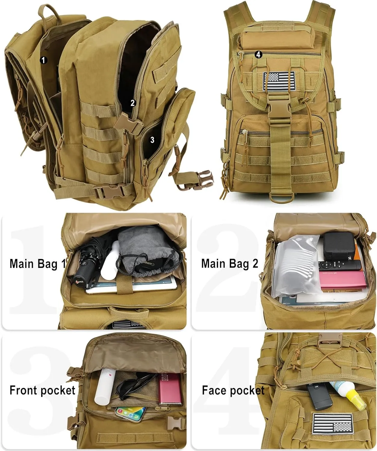Military Tactical Backpack for Men 35L Army Assault Hiking Camping Backpacks with Molle System (Khaki)