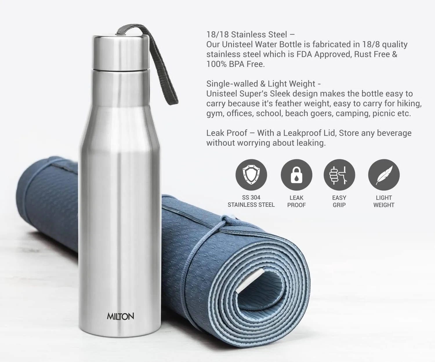 Milton Stainless Steel Water Bottle (34 oz), Non insulated Single Walled, Leakproof, BPA Free for Sport, Gym, Bike, Travel, Super 1000, Silver