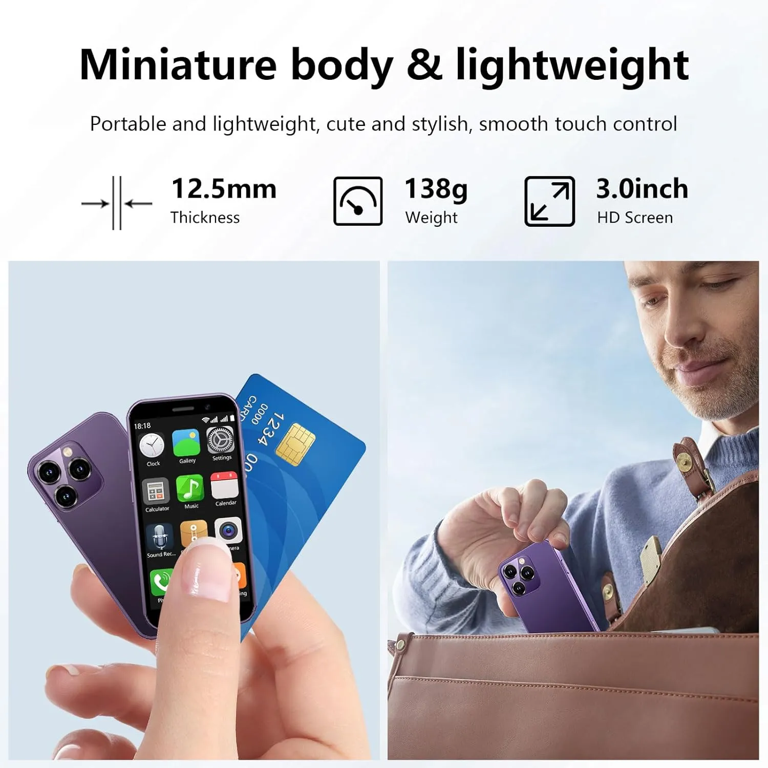 Mini Phone 4G Unlocked World's Smallest Mini Smartphone 3.0'' Touch Screen Compact Mobile phone for Kids & Students 2000mAh battery Cell phone with Dual SIM Quad Core Face ID GPS 2GB 16GB Purple
