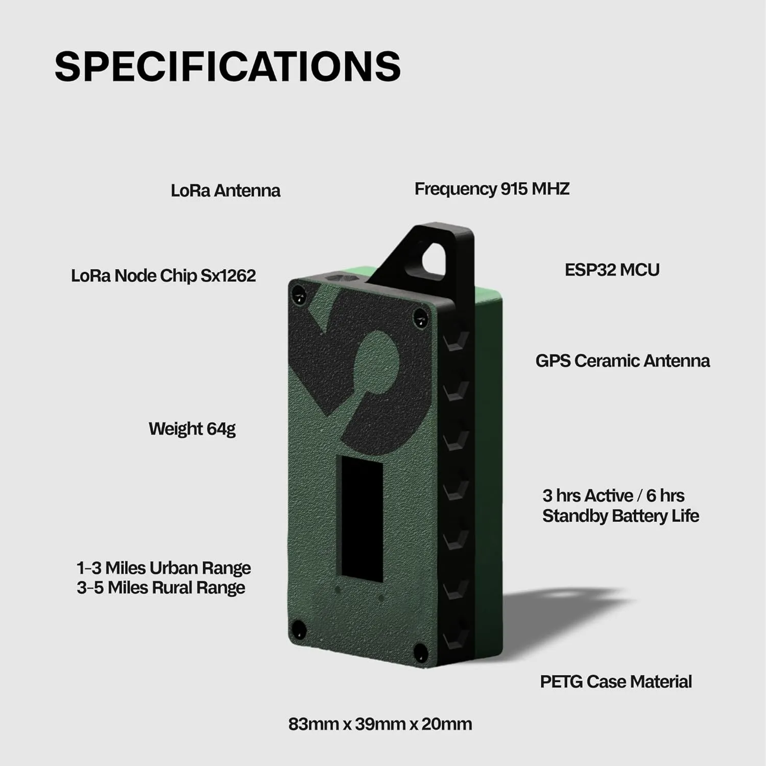 MiniTrekker - Compact LoRa Off-Grid Communicator, 915 MHz ESP32 with GPS & Mesh Connectivity, Rugged PETG Design for Hiking, Camping & Outdoor Adventures (Tactical Green)