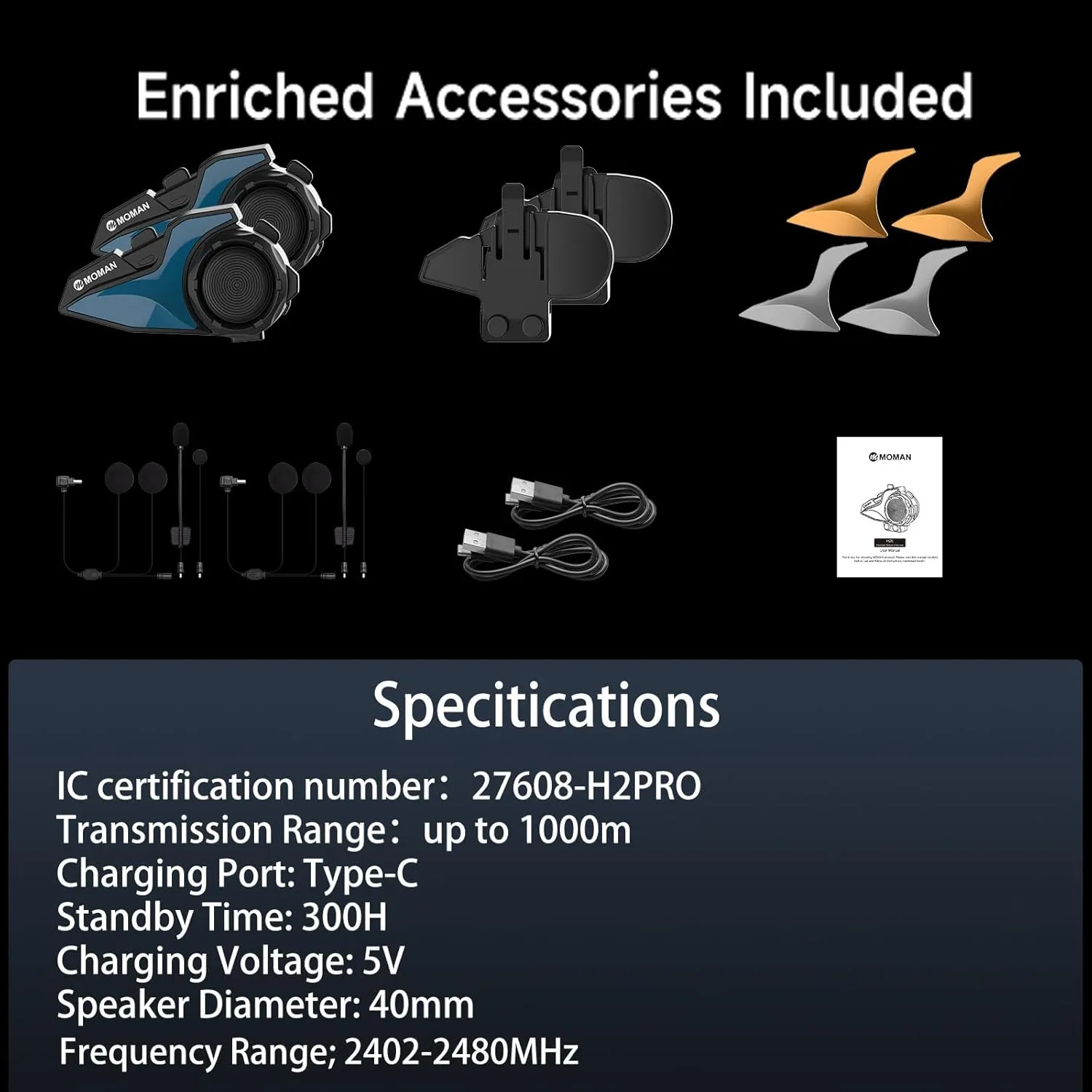 Moman Motorcycle Intercom, H2E Eagle-Like Helmet Headset Communication System with Dual Chip for Audio Multitasking HiFi/Music Sharing/FM/AI Voice (1Pack), Motorcycle-Intercom-Helmet-Headset-Headphone
