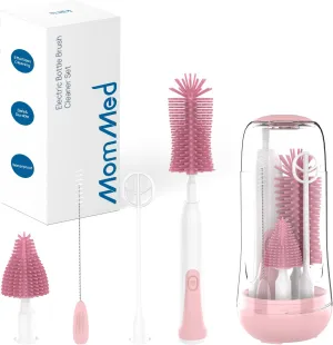 MomMed Electric Bottle Brush, Electric Baby Bottle Brush Set with Silicone Bottle/Pacifier/Straw Brush and Mixing Head, Waterproof Bottle Cleaner Brush with Drying Rack, 2 Modes & 360° Rotation