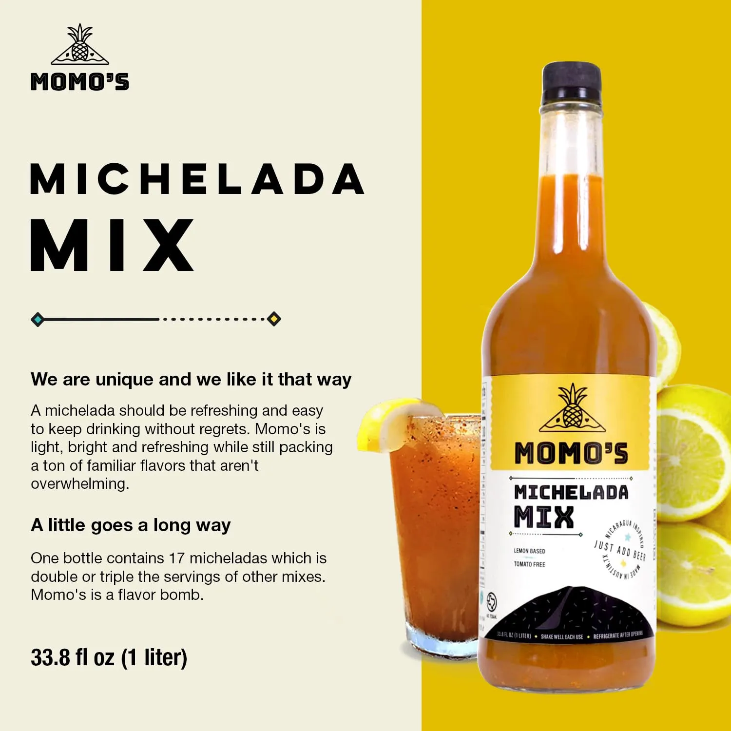 Momo's Michelada Mix - Tomato-Free, Vegan, Lemon-Based, Central American-Inspired Refreshing Fiesta Drink in a Bottle - Pack of 1 (33.8 Fl. Oz)