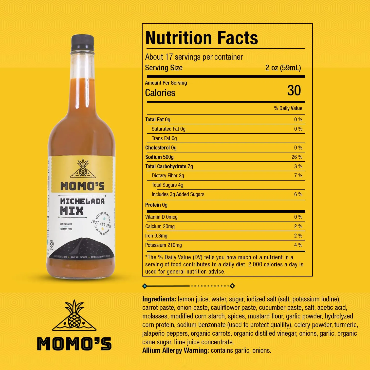 Momo's Michelada Mix - Tomato-Free, Vegan, Lemon-Based, Central American-Inspired Refreshing Fiesta Drink in a Bottle - Pack of 1 (33.8 Fl. Oz)